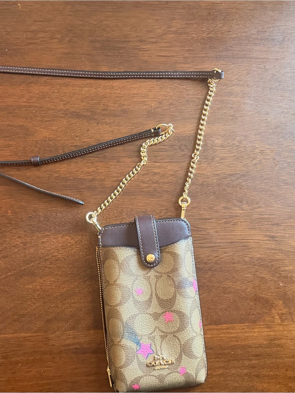 Coach Brown Signature Star Crossbody Phone Wallet with Pink Accents